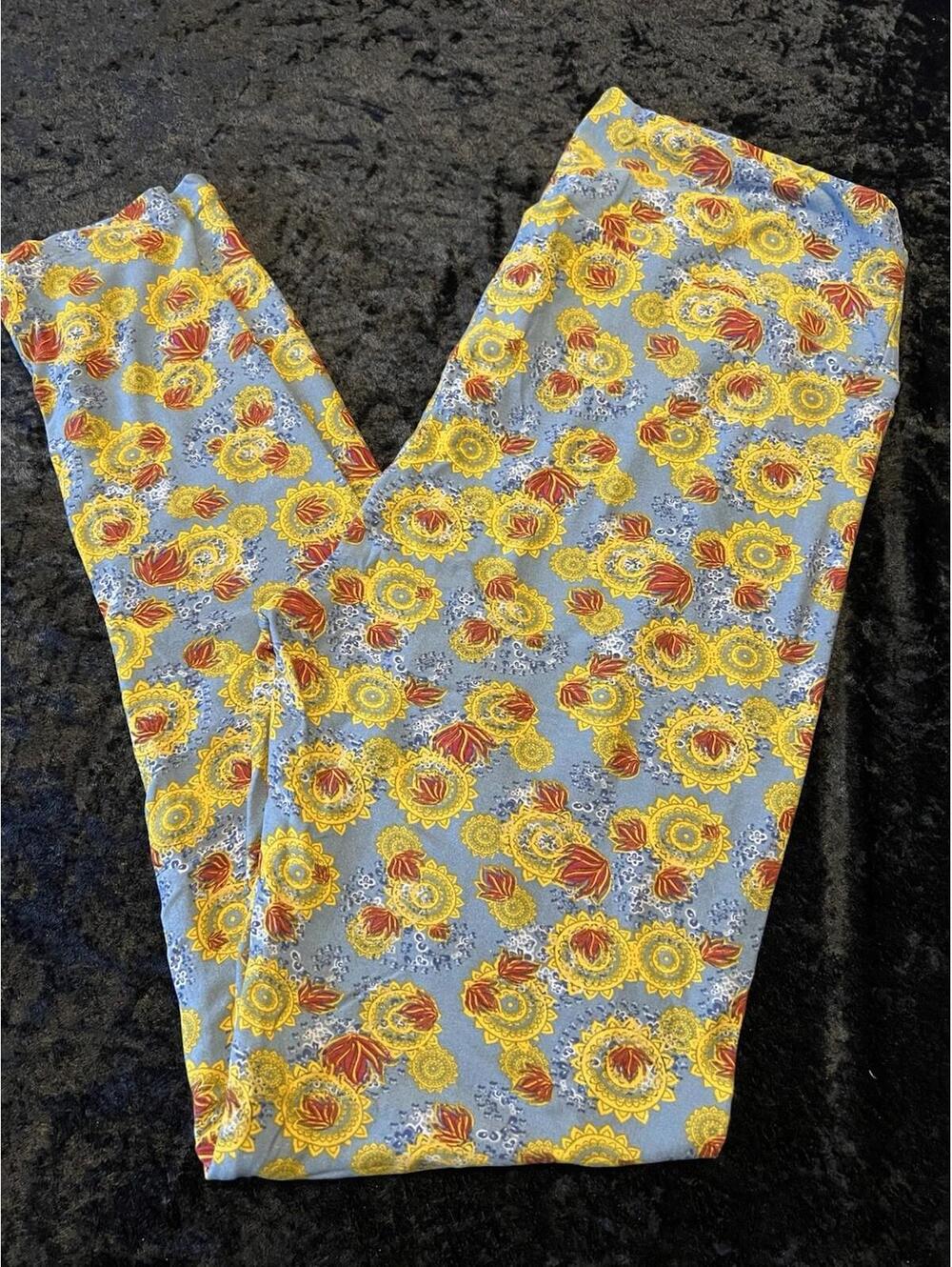 LuLaRoe Leggings Tall & Curvy TC Steel Blue Gold Rust Medallion High Rise NWOT